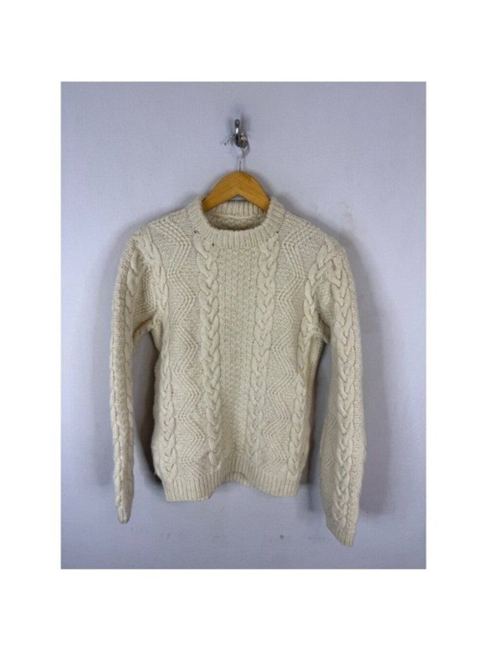 Vintage Cream Cable Knit Wool Sweater Chunky Fisherman Crewneck Handmade Cream